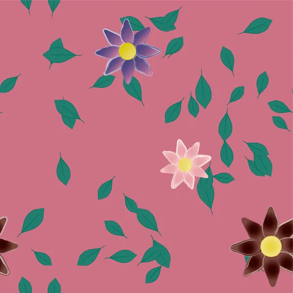 Όμορφη Σύνθεση Απλά Χρωματιστά Λουλούδια Και Πράσινα Φύλλα Διανυσματική Απεικόνιση — Διανυσματικό Αρχείο