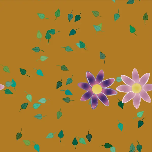 Vakker Sammensetning Med Enkle Fargede Blomster Grønne Blader Vektorillustrasjon – stockvektor