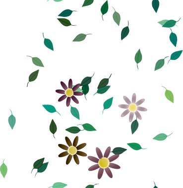 Basit renkli çiçekleri ve yeşil yaprakları olan güzel kompozisyon, vektör illüstrasyonu  