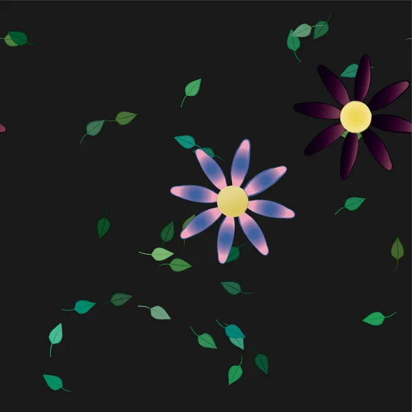Vacker Komposition Med Enkla Färgade Blommor Och Gröna Blad Vektor — Stock vektor