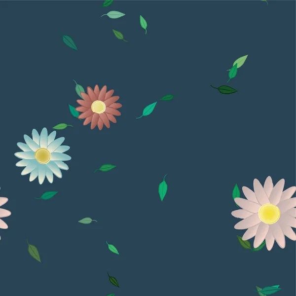 Mooie Compositie Met Eenvoudige Gekleurde Bloemen Groene Bladeren Vector Illustratie — Stockvector