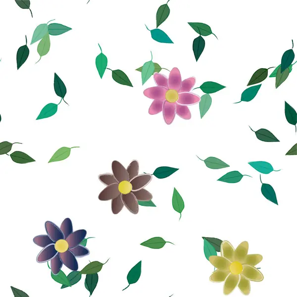 Mooie Compositie Met Eenvoudige Gekleurde Bloemen Groene Bladeren Vector Illustratie — Stockvector