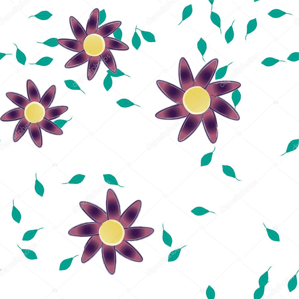 abstract flowers with green leaves in free composition, vector illustration