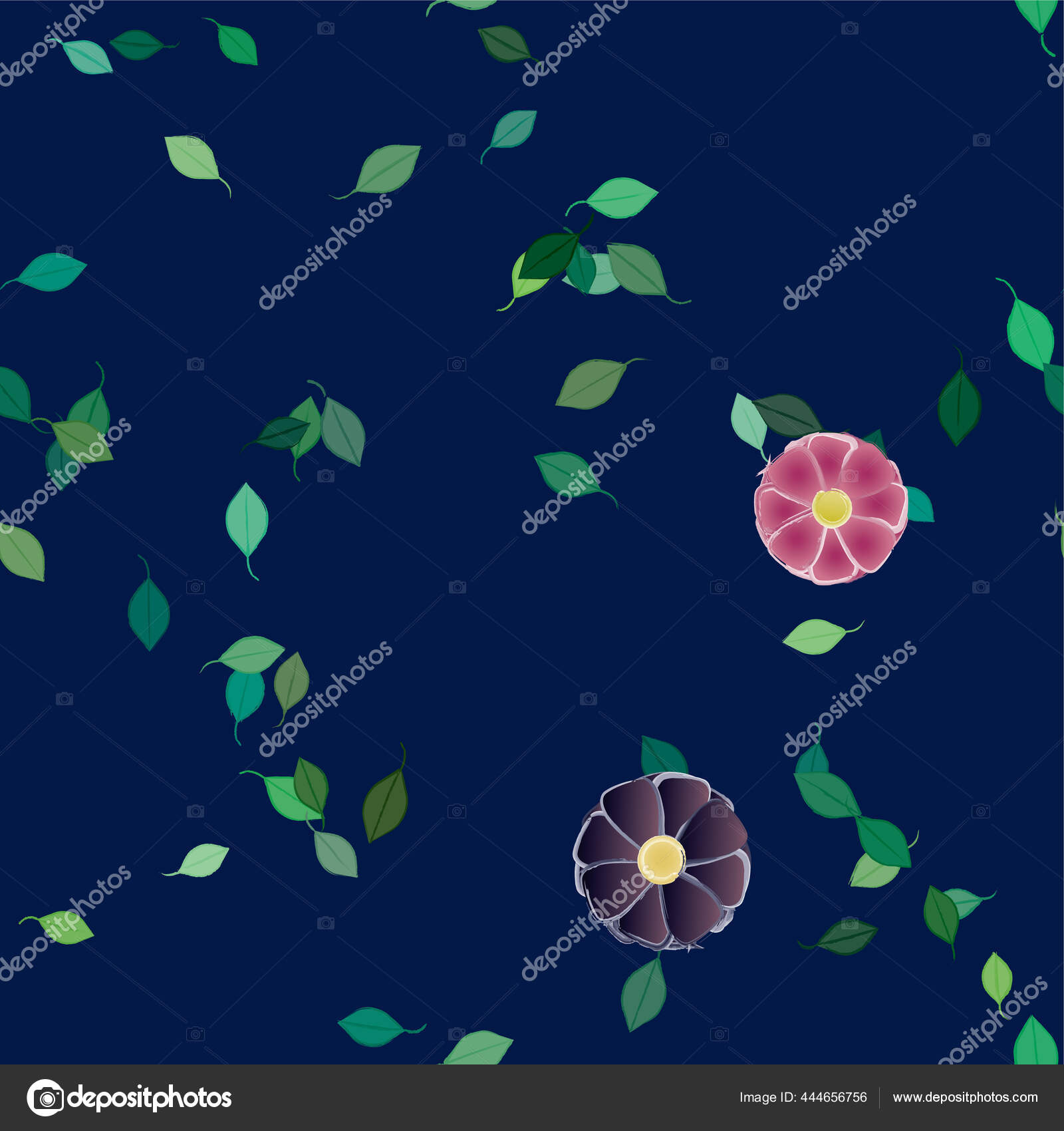 Colored Flowers Green Leaves Background Vector Illustration Stock