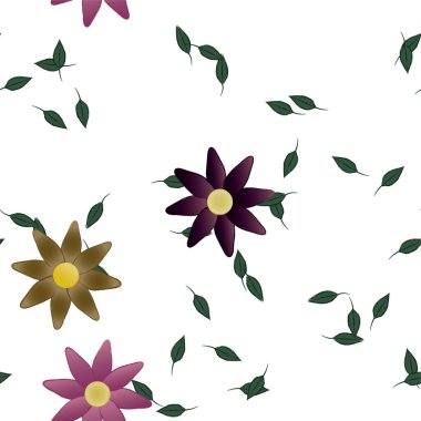 arkaplanda renkli çiçekler ve yeşil yapraklar, vektör illüstrasyonu