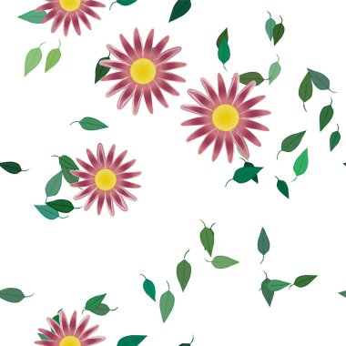 arkaplanda renkli çiçekler ve yeşil yapraklar, vektör illüstrasyonu