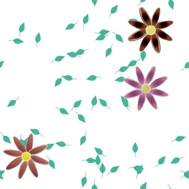 arkaplanda renkli çiçekler ve yeşil yapraklar, vektör illüstrasyonu