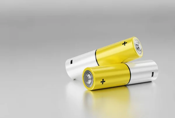 Zwei Gelbe Batterien Der Größe Auf Einem Metallhintergrund Darstellung — Stockfoto