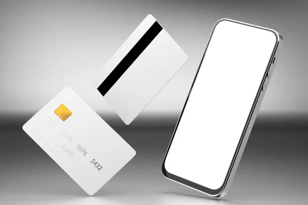 Tarjeta Bancaria Maqueta Con Chip Teléfono Inteligente Smartphone Pantalla Blanco —  Fotos de Stock