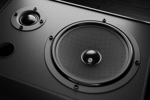 Black music column close-up. Music speaker speakers. 3d rendering.