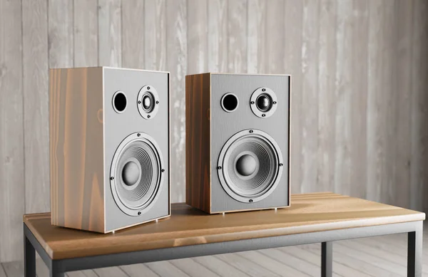 Wooden music speakers stand on the table against the background of a wooden interior. 3d rendering.