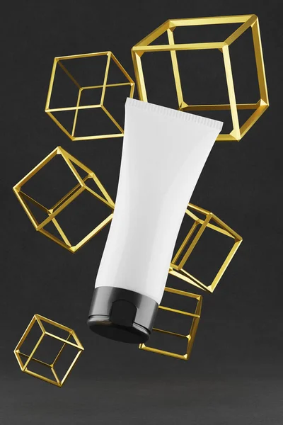 Mockup Kosmetisk Tub Bakgrund Gyllene Kuber Återgivning — Stockfoto
