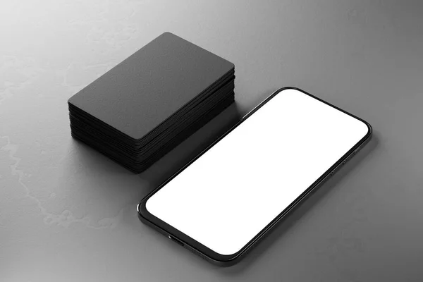 Mock Smartphone White Screen Gray Background Stack Black Business Cards — 스톡 사진