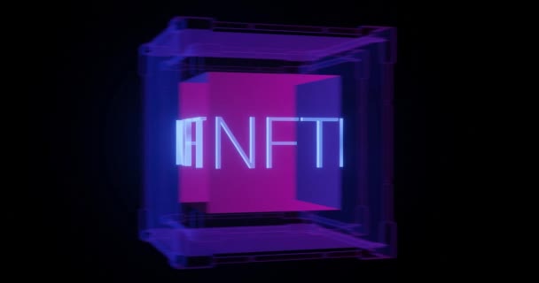 Плавне Обертання Напису Nft Неоновому Склі Неоновому Скляному Кубі Чорному — стокове відео