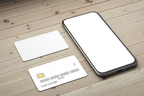 Smartphone Attrappe Mit Bankkarten Auf Einem Hölzernen Hintergrund Bankkarten Attrappe — Stockfoto