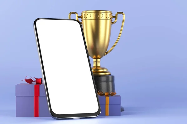 Spiele Auf Dem Handy Smartphone Siegerpokal Und Geschenkverpackung Der Erste — Stockfoto