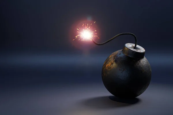 A metal bomb in the form of a cannonball with a burning fuse. Aggressive mood concept. Time bomb. Terrorism. 3d render.