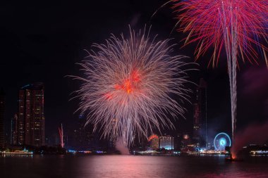 Yeni Yıl 2020 Chao Phraya nehrinde havai fişek gösterisi, Bangkok, Tayland