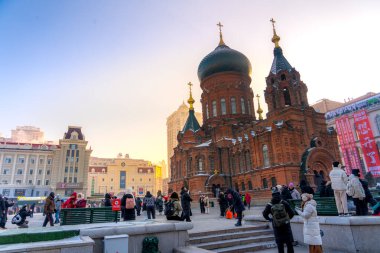 Harbin, Heilongjiang, Çin - 11 Ocak 2025 - Tanrı 'nın Kutsal Bilgeliği Katedrali ya da Harbin' deki Aziz Sophia Katedrali, Daoli 'nin merkez bölgesinde yer alan eski bir Rus Ortodoks Kilisesi