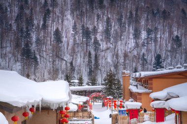 Hailin, Heilongjiang - 13 Ocak 2025 Çin Kar Kasabası, Çin 'in en sembolik turistik yerlerinden biri, Xuexiang Ulusal Orman Parkı' nda yer almaktadır.