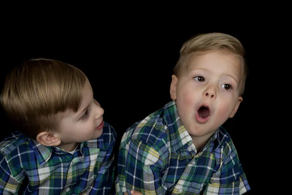 Uppriktiga porträtt av två unga pojkar bär matchande skjortor — Stockfoto