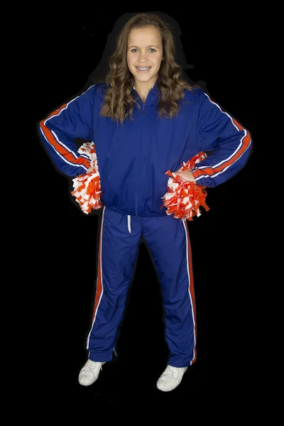 Attractive high school female cheerleader with braces smiling st — Stock Photo, Image