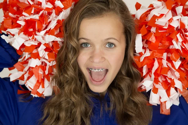 Aufgeregt niedlich teenager cheerleader portrait mit mund offen Stockbild