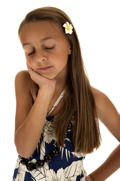 Adorable tan girl wearing an island dress dreaming — Stock Photo, Image