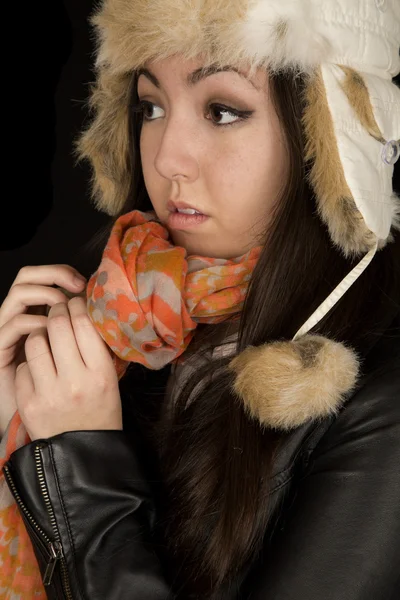 Asian Caucasian young female model wearing winter hat and scarf — Stock Photo, Image