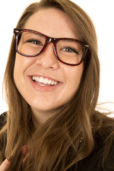 Caucasian female model smiling big wearing red and black glasses — Stock Photo, Image