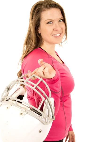 American football helmet helb by a young female model — Stock Photo, Image