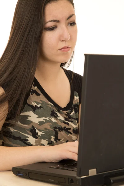 Young female model concentrating working on laptop computer — Stock Photo, Image