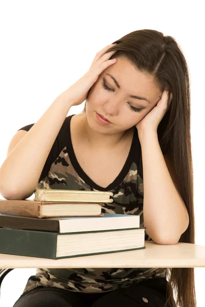 Frustreret kvindelig studerende kigger på bog bunke på skrivebordet - Stock-foto