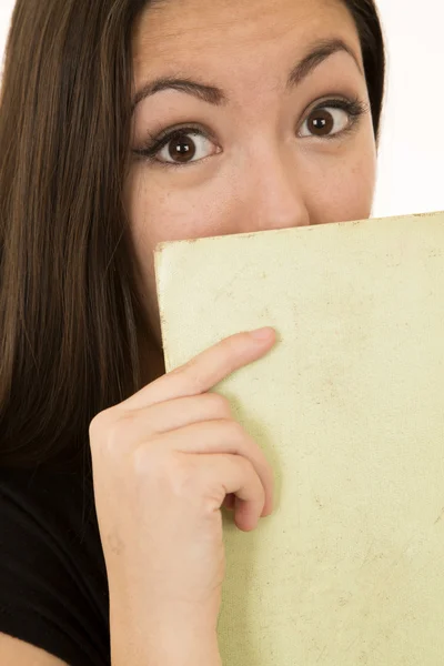Surpoesed expression from female student holding book in front o — Stock Photo, Image
