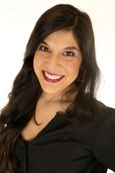 Attractive tanned woman wearing a black blouse portrait smiling — Stock Photo, Image