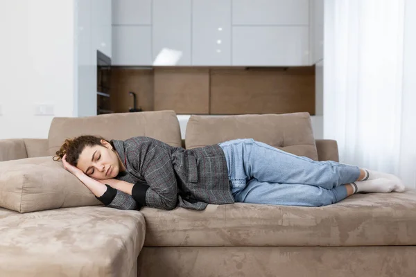 Exhausted Young Student Business Woman Couch Work Sleepy Strength Adult — Stock Photo, Image