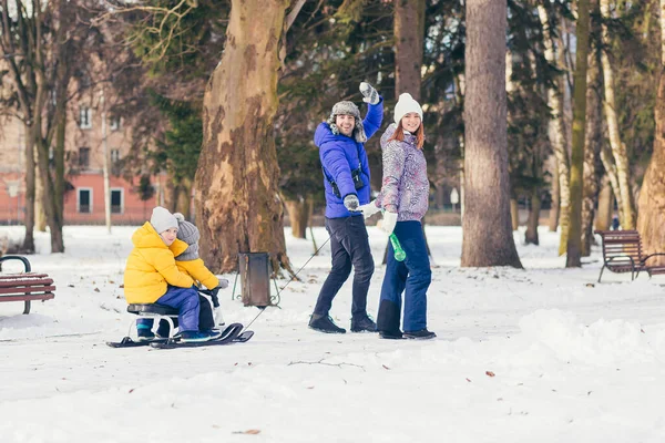 Happy Family Walking Winter Park Together Two Adult Man Woman — Stock Photo, Image