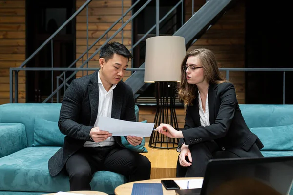 Business business meeting, two businessmen Asian man and woman, business discussion, international business partners hold a meeting