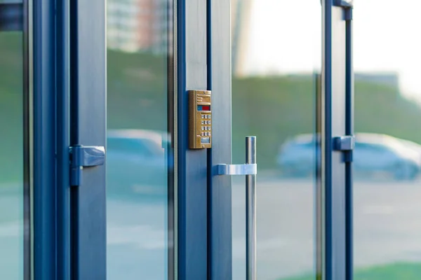 Close Photo Front Door Apartment Building Office Center Doorbell — Stock Photo, Image