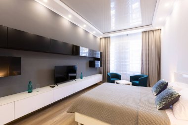 İç mekan fotoğrafçılığı, modern tarzda oturma odası, gerçek bir daire.