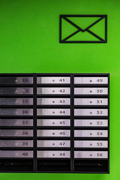 Mailboxes Apartment Building Made Stainless Steel Green Wall — Stock Photo, Image