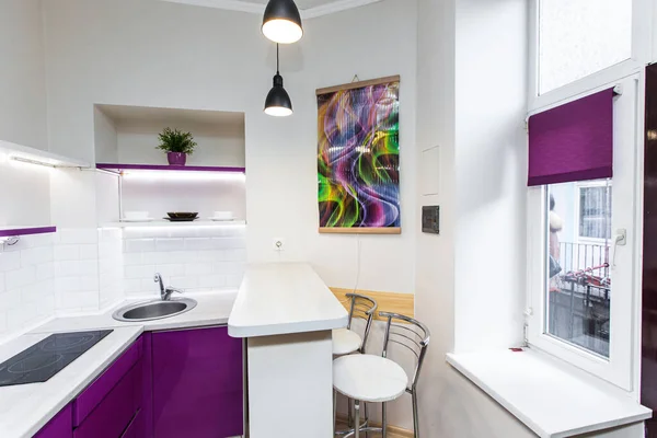 厨房室内紫罗兰 现代阁楼风格 真正的公寓 — 图库照片