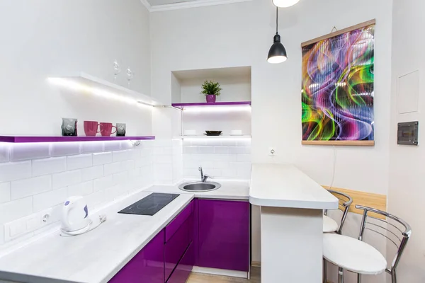厨房室内紫罗兰 现代阁楼风格 真正的公寓 — 图库照片
