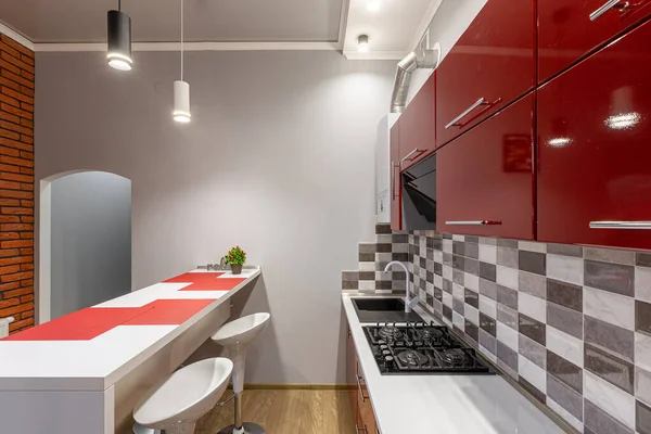 Kitchen Interior Red Modern Loft Style Real Apartment — Stock Photo, Image