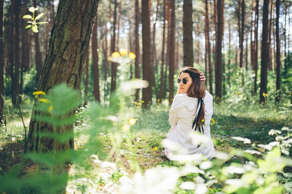 Young Beautiful Hippie Woman Walks Summer Forest Laughs Dances Enjoys — Stock Photo, Image