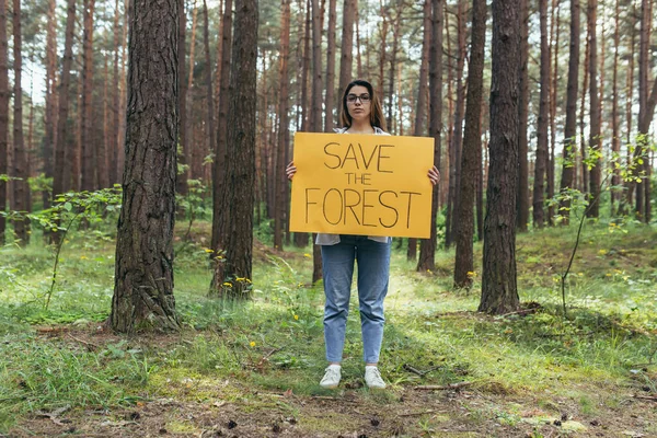 Jovem Voluntário Floresta Piquetes Mantém Cartaz Salvar Floresta — Fotografia de Stock