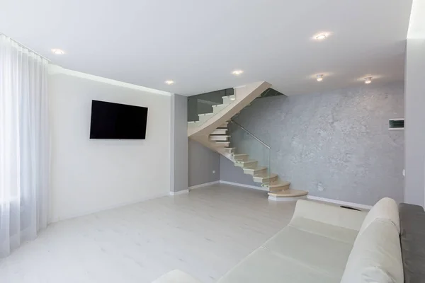 Interior Large Living Room Gray Walls Stairs Modern Style — Stock Photo, Image