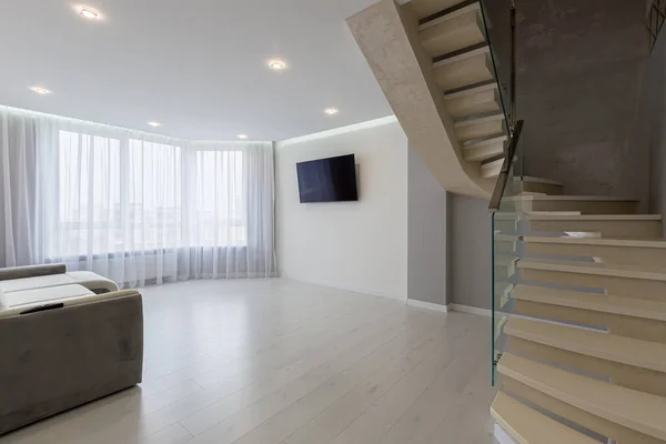 Interior Large Living Room Gray Walls Stairs Modern Style — Stock Photo, Image