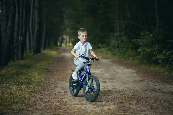 Küçük bir çocuk ormanda bisiklet sürüyor.