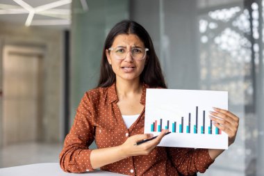 Endişeli bir ifadeyle bir rapor sunan ve düşen satış tablosuna işaret eden genç iş kadını, mali gerilemenin altını çiziyor ve ofis toplantılarında hayal kırıklığı yaratan sonuçlara işaret ediyor.